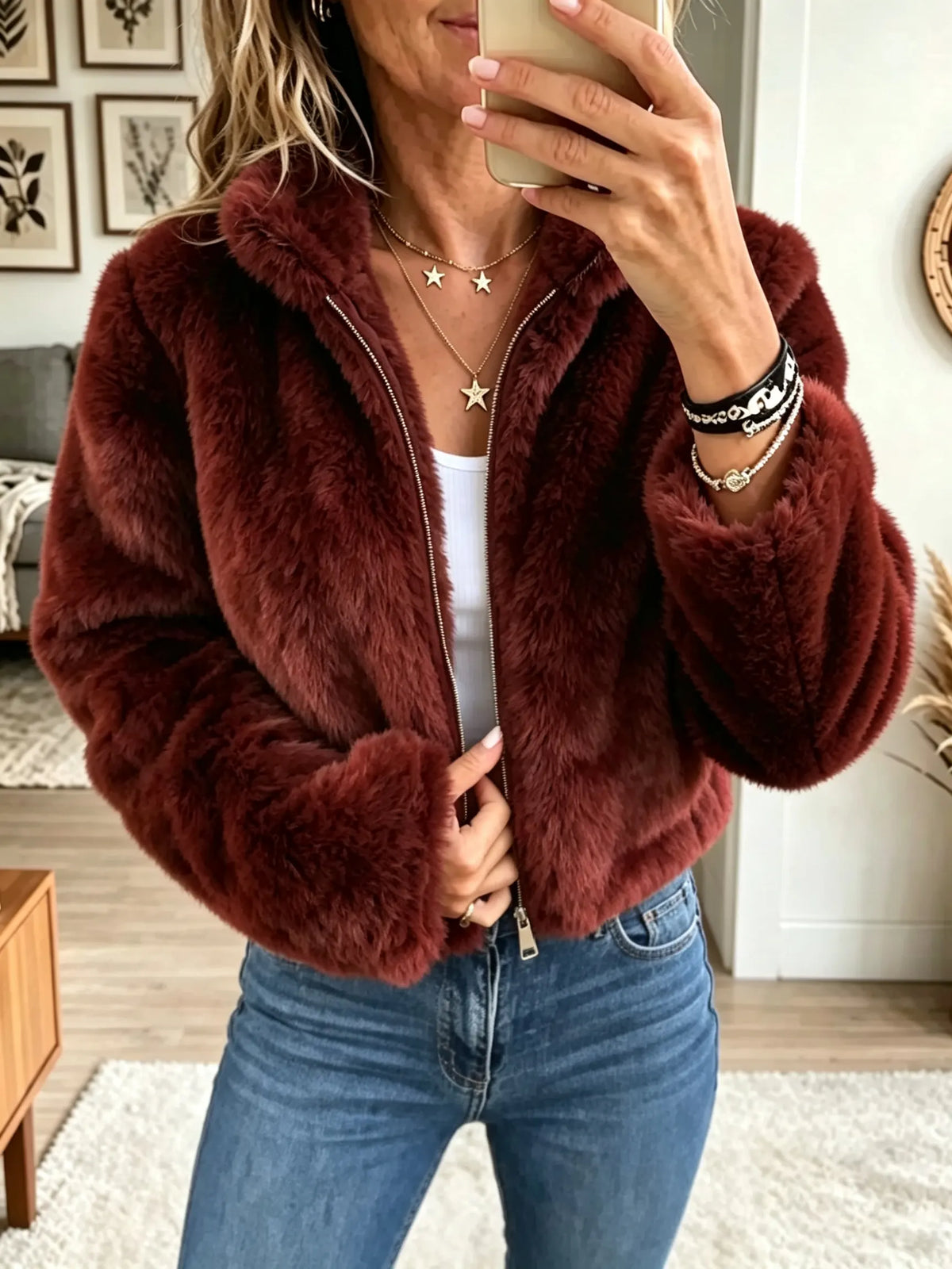 Women's Plush Faux Fur Zip-Up Bomber Jacket