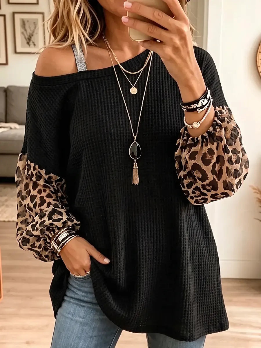 Vintage Elegant Leopard Print Patchwork Waffle Off-shoulder Shirt