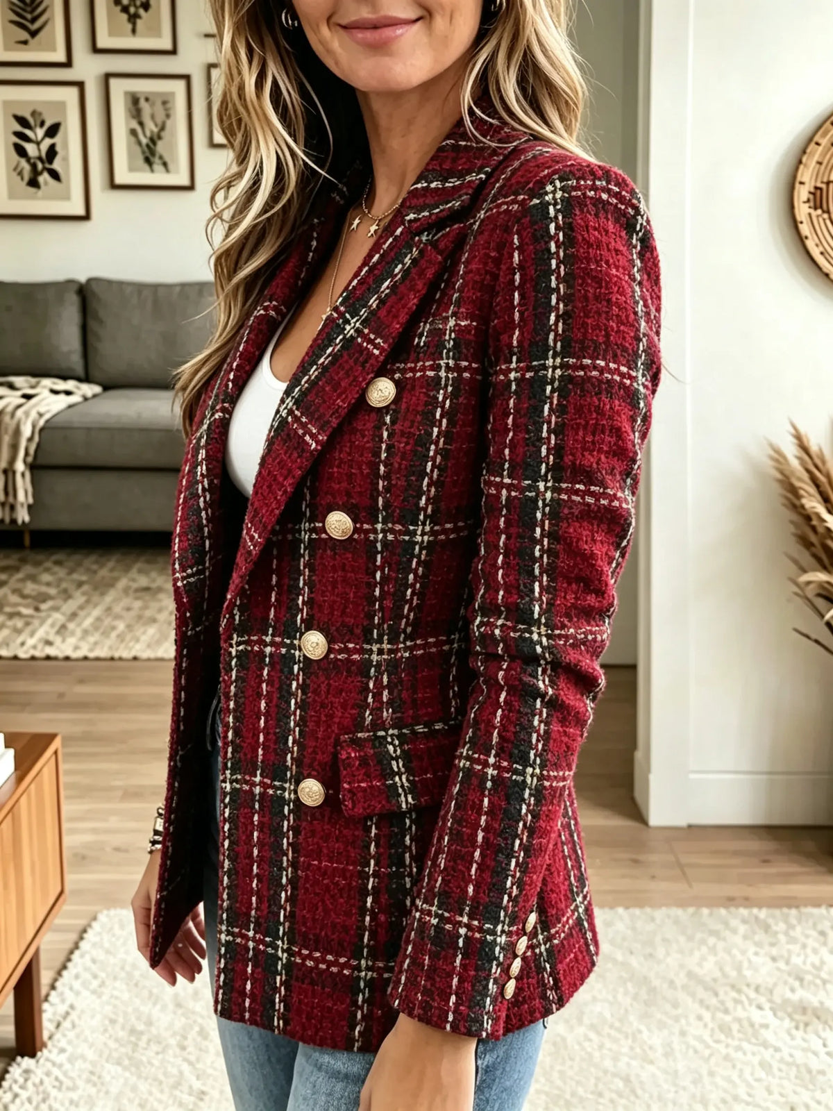 Women's Double-Breasted Plaid Tweed Blazer