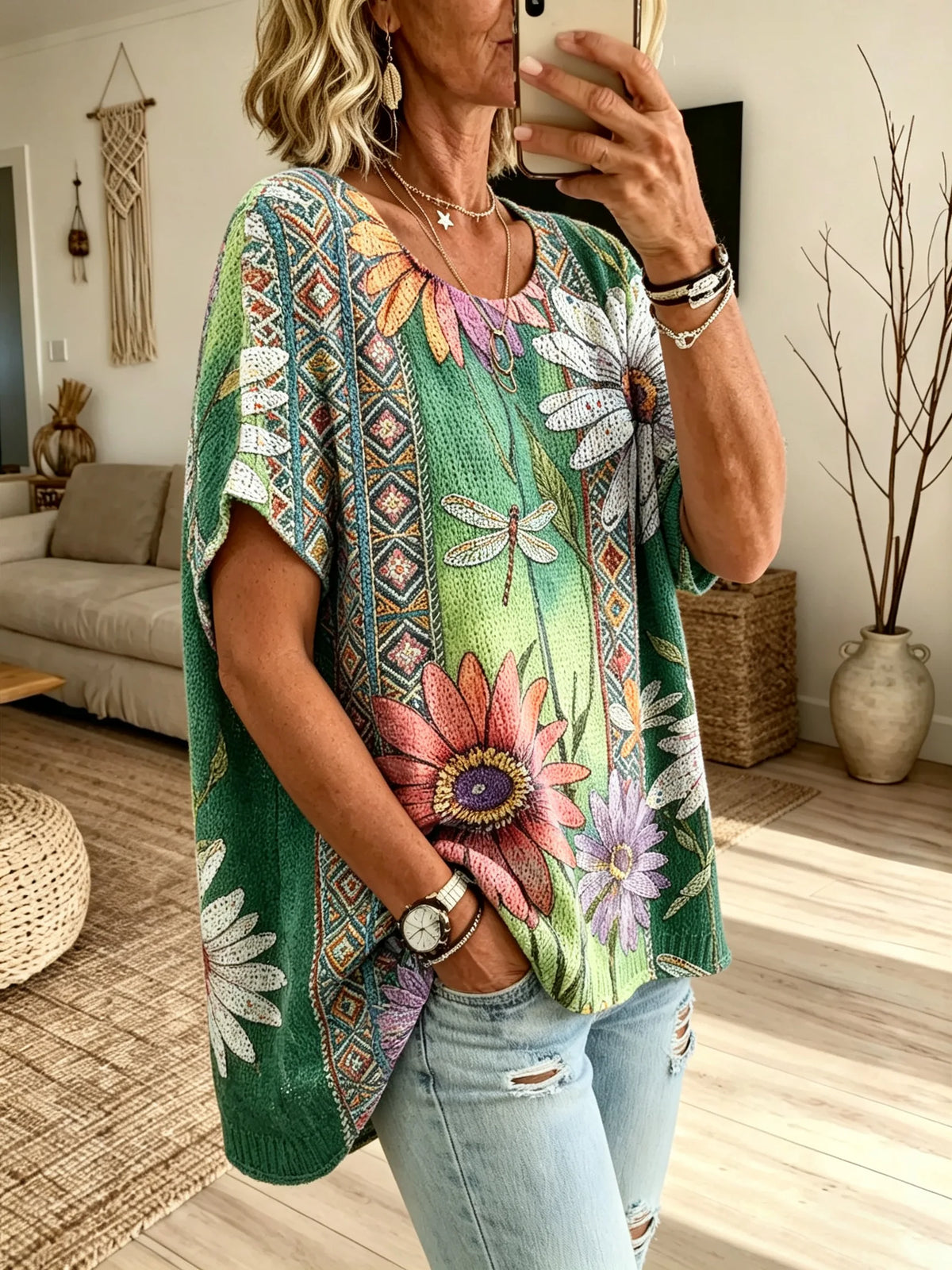 Women's Green Base Dragonfly Daisy Ethnic Geometric Print Crew Neck Loose Short Sleeve Top
