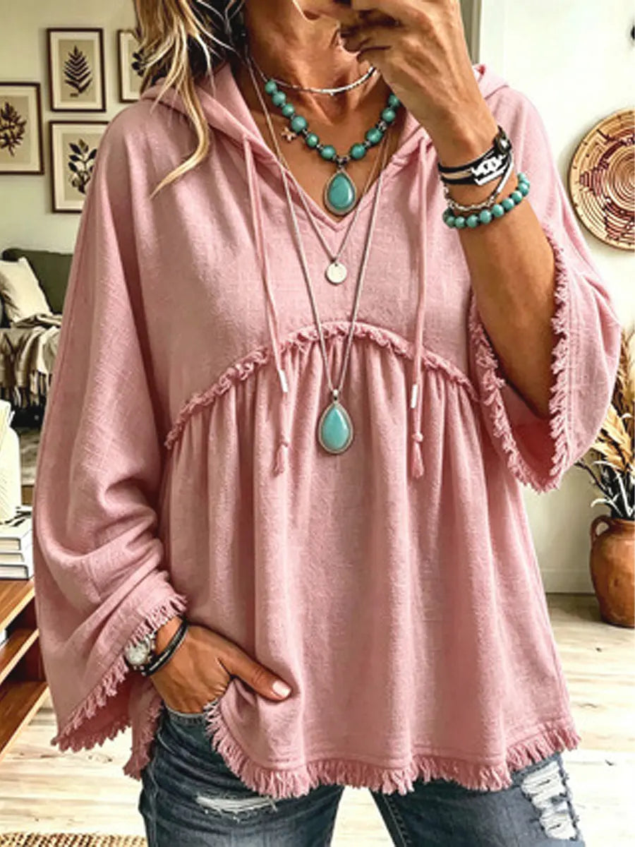 Retro Hooded Loose Art Casual Stylish 3/4 Sleeve Cotton Shirt