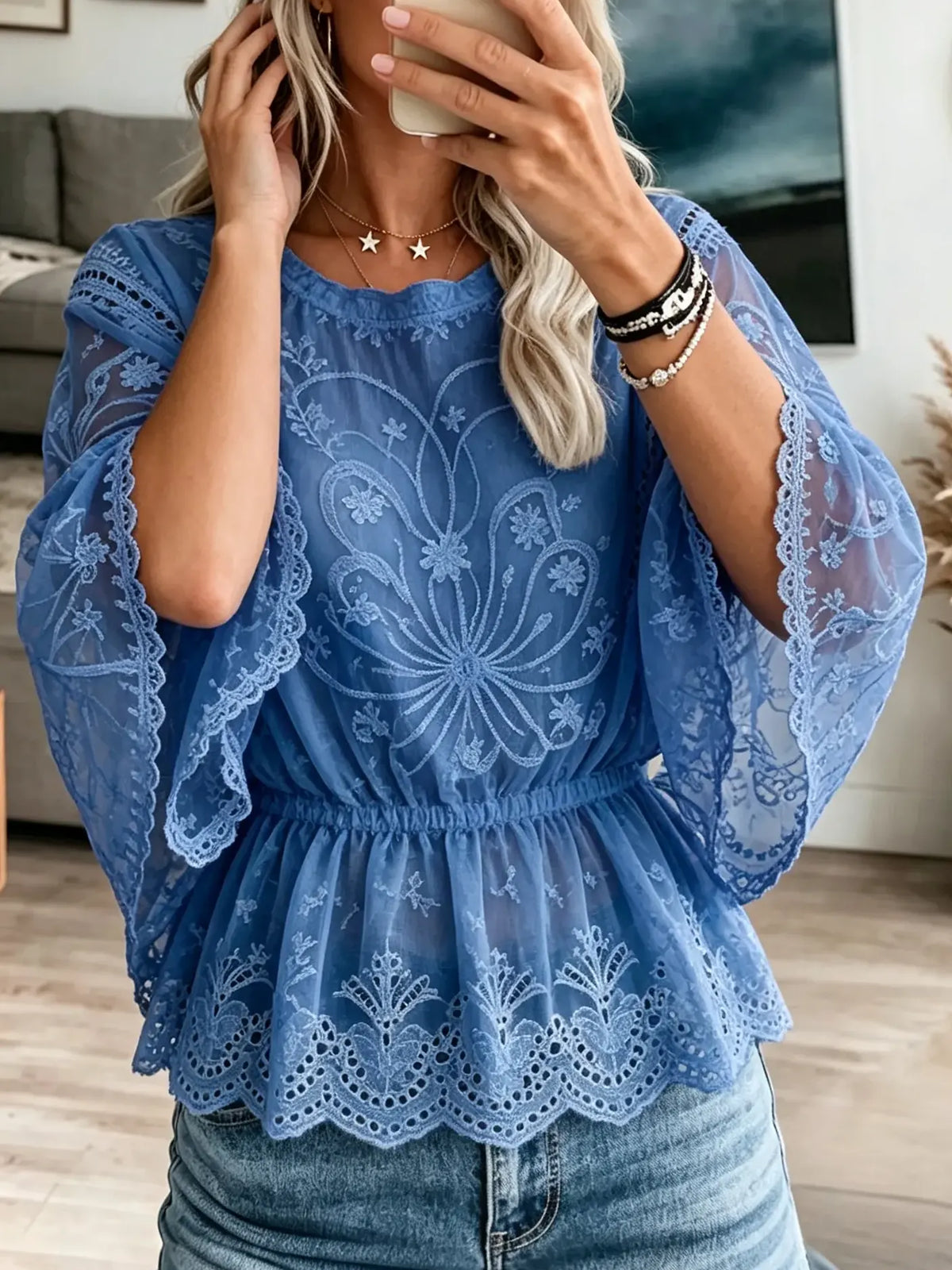 Women's Embroidered Lace Cinched Peplum Blouse