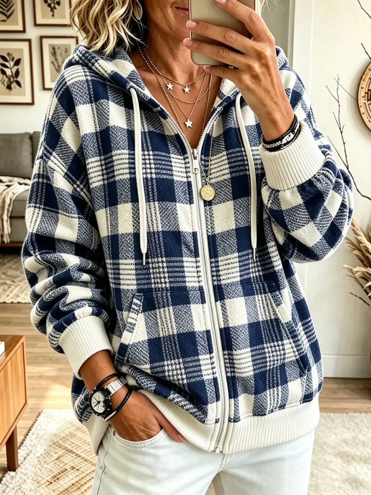 Women's Plaid Knit Full-Zip Hooded Cardigan