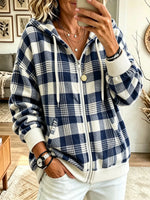 Women's Plaid Knit Full-Zip Hooded Cardigan