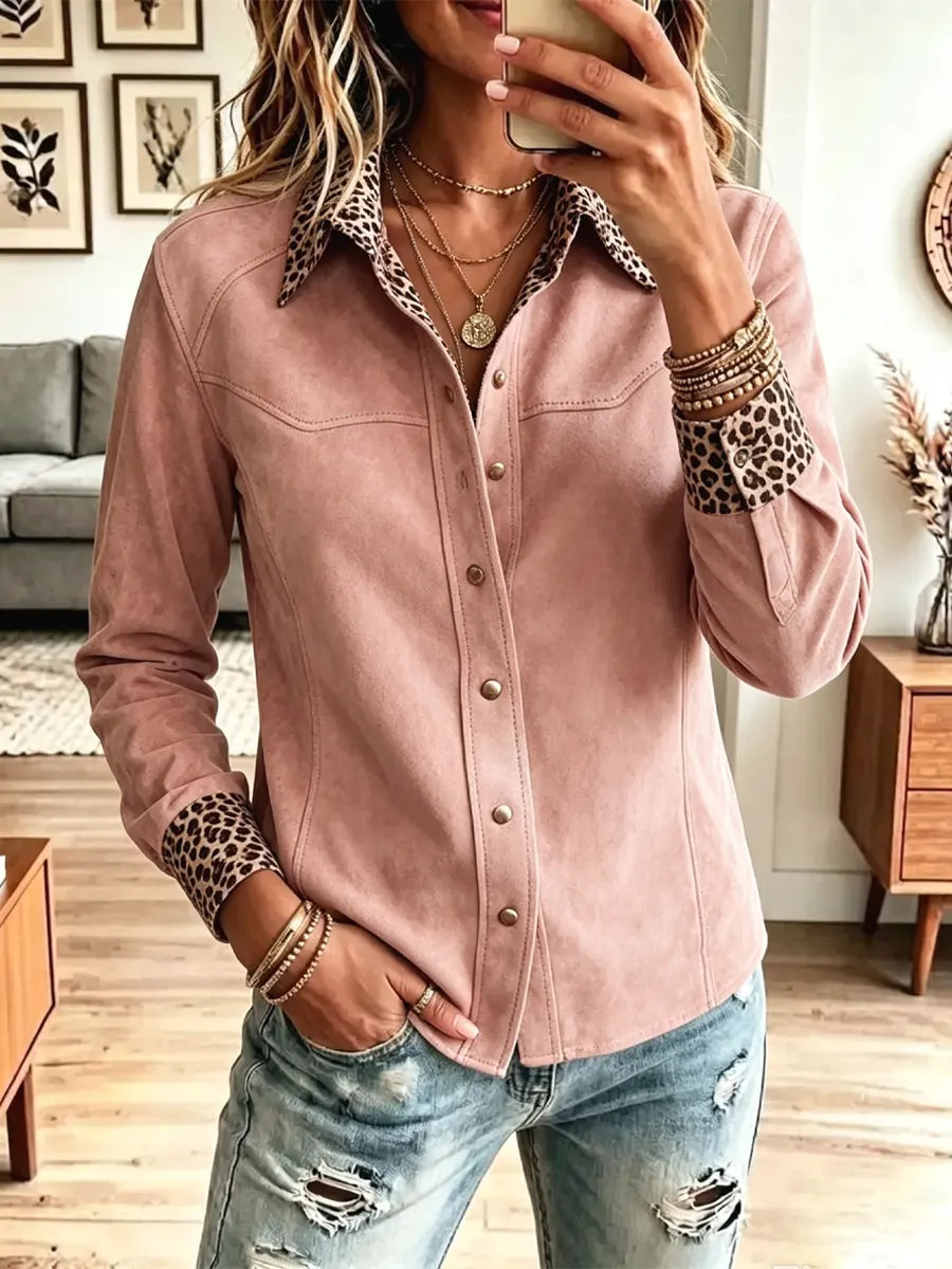 Retro Leopard Pattern Chic Art Lapel Casual Stylish Long Sleeve Shirt