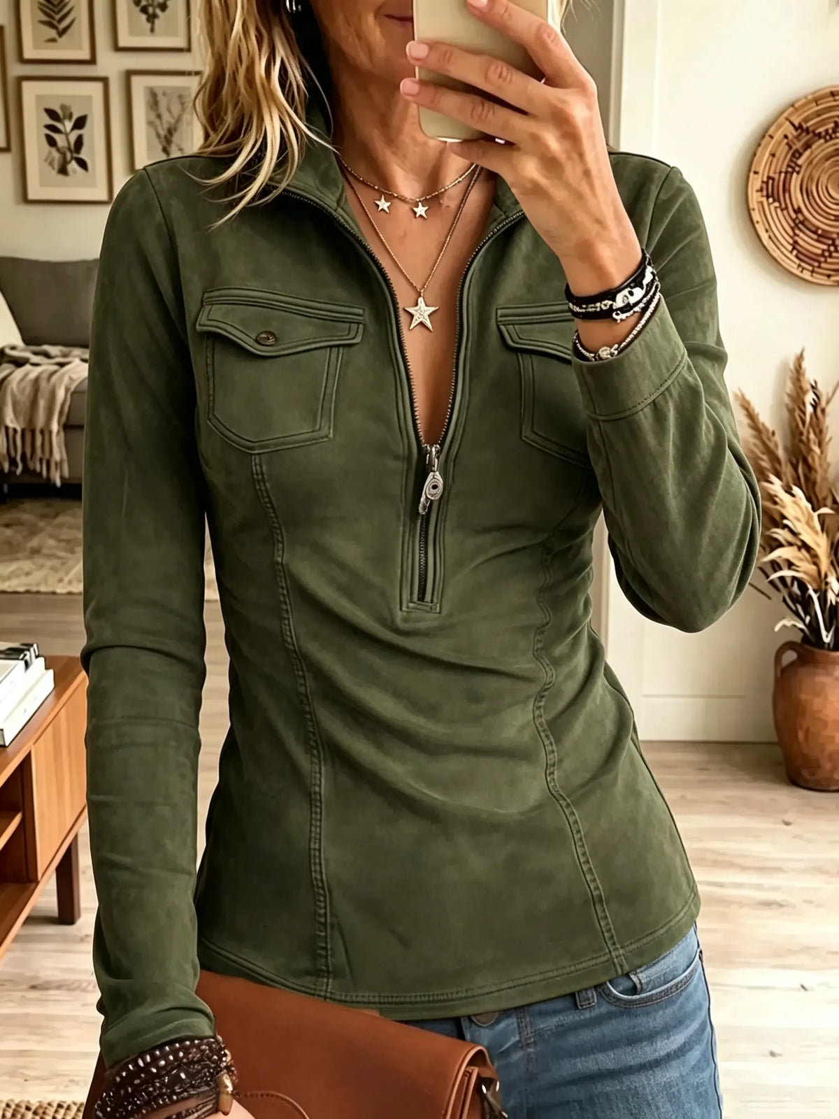 Women's Leather Patch Half-Zip Faux Suede Top