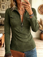 Women's Leather Patch Half-Zip Faux Suede Top