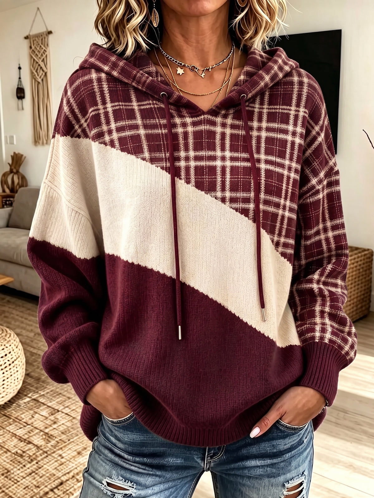 Women Plaid Color‑Block Drawstring Hooded Long Sleeve Knit Sweater