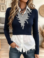 Women's Faux 2 Piece Long Sleeve Ribbed Knit Top