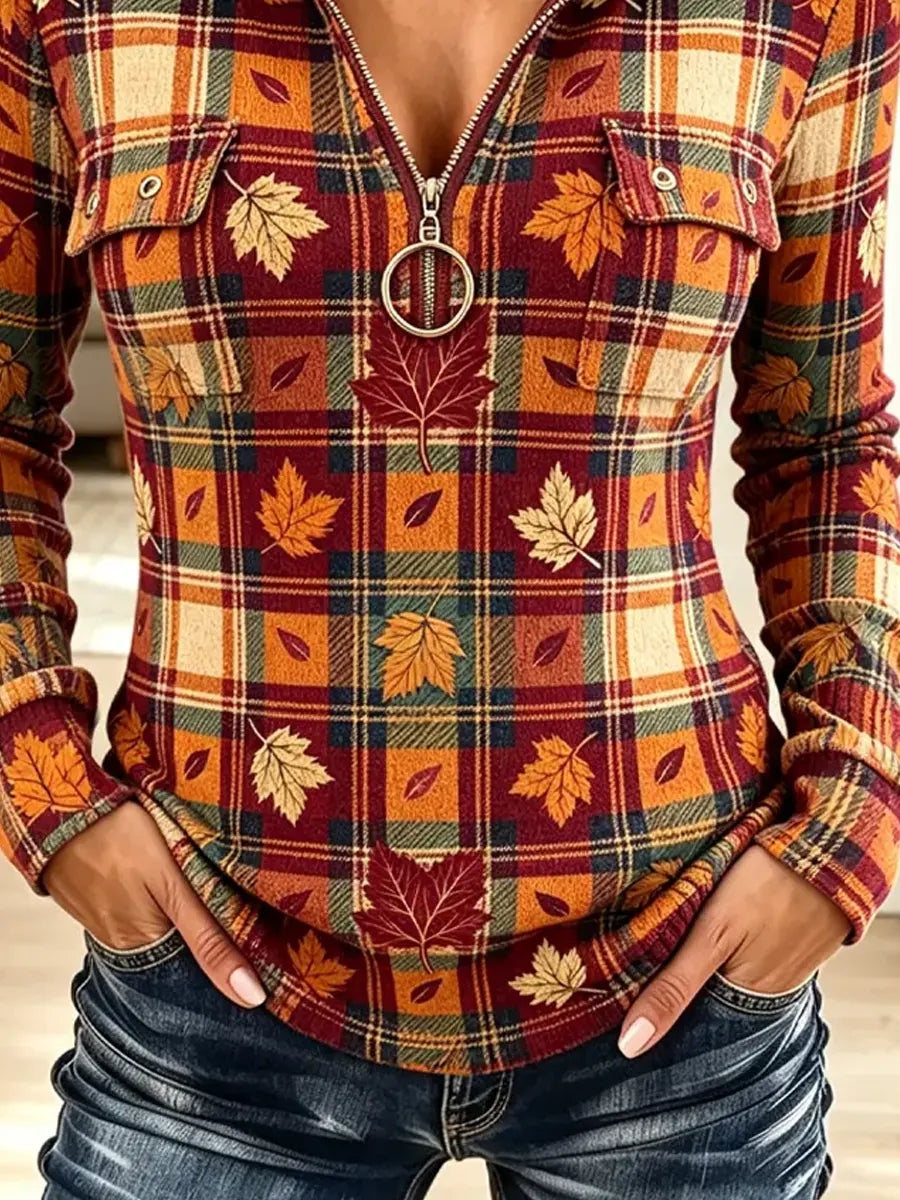 Vintage Autumn Maple Pattern Zip Art Casual Stylish Hooded Long Sleeve Top