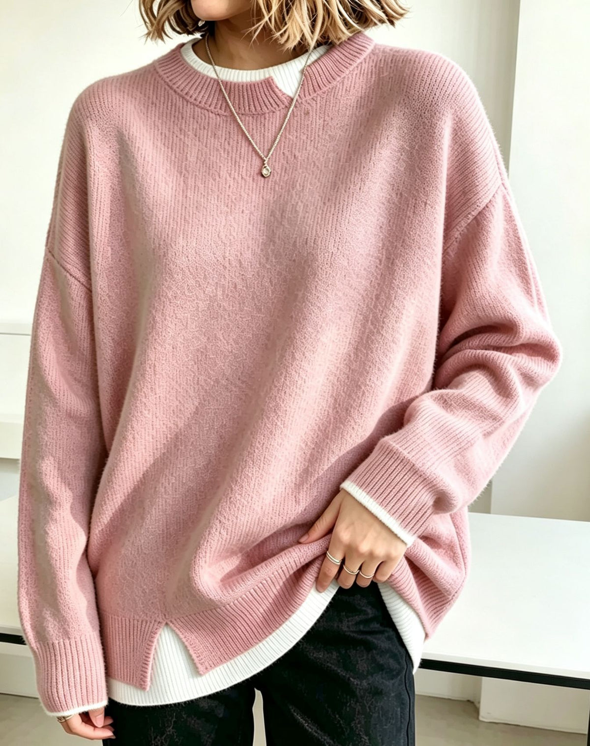 Women Light Blue Mock Two‑Piece Loose Long Sleeve Knit Sweater