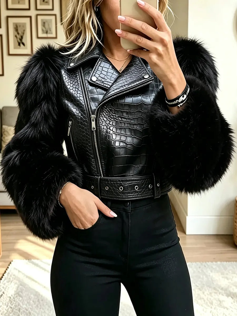 Women's Vintage Fluffy Sleeve Asymmetrical Zipper Cropped Biker Jacket