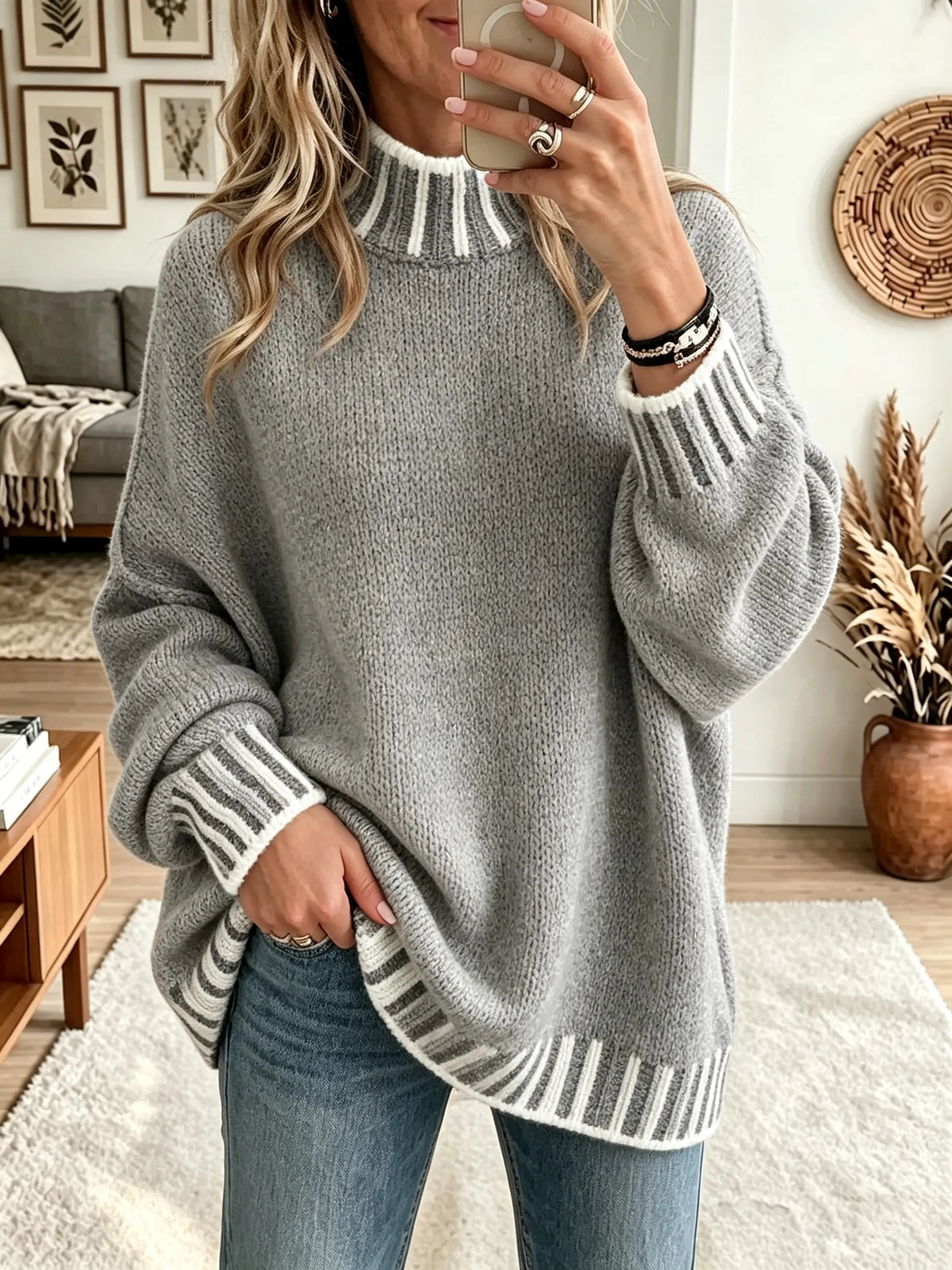 Women's Striped Trim Mock Neck Sweater