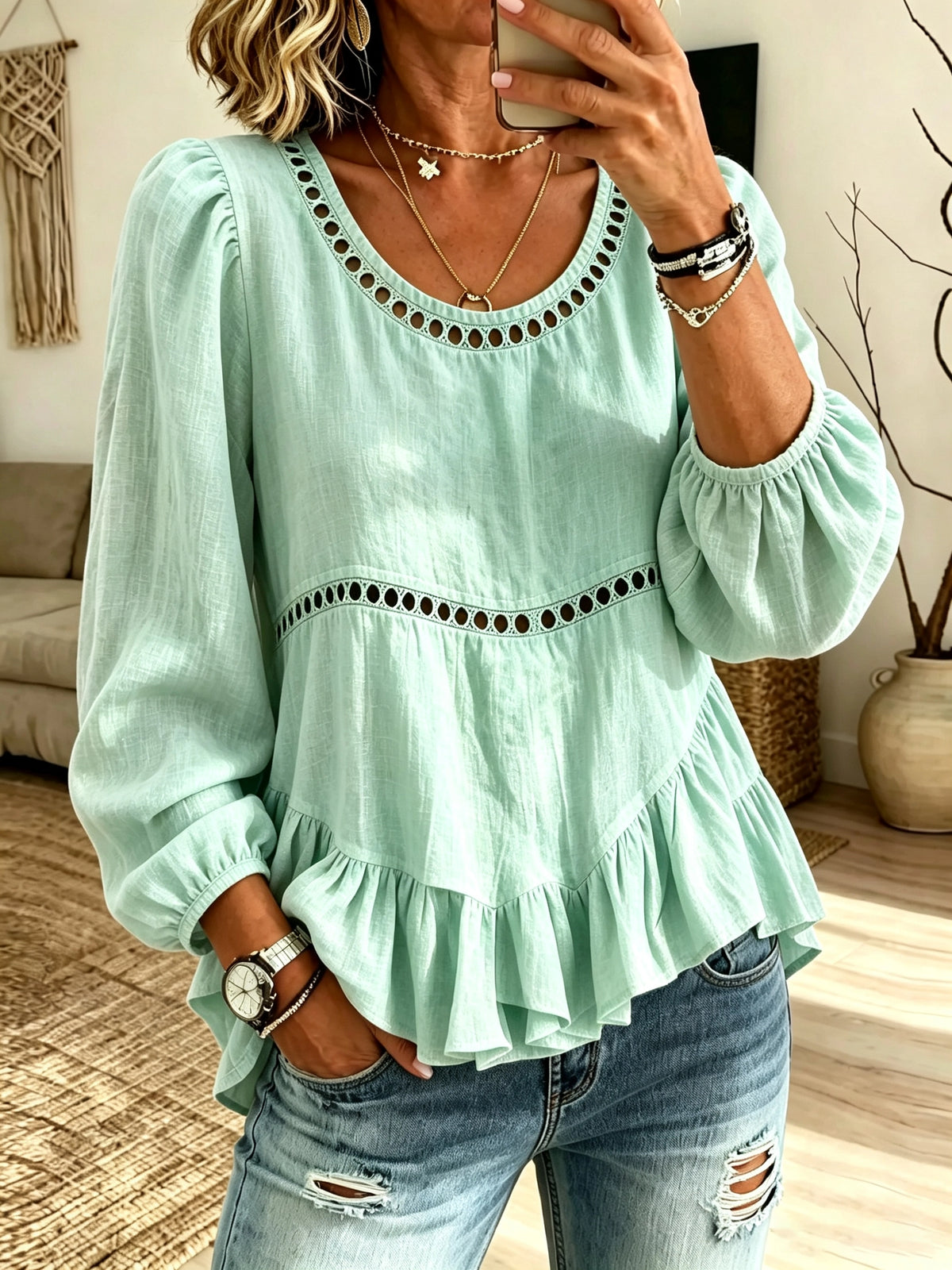 Women's Cutout Eyelet Peplum Blouse