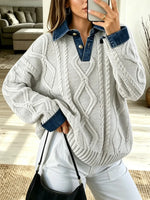 Retro Denim Patchwork Art Casual Stylish Long Sleeve Knit Sweater