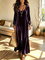 Retro Velvet Art Casual Stylish Round Collar Long Sleeve Long Dress