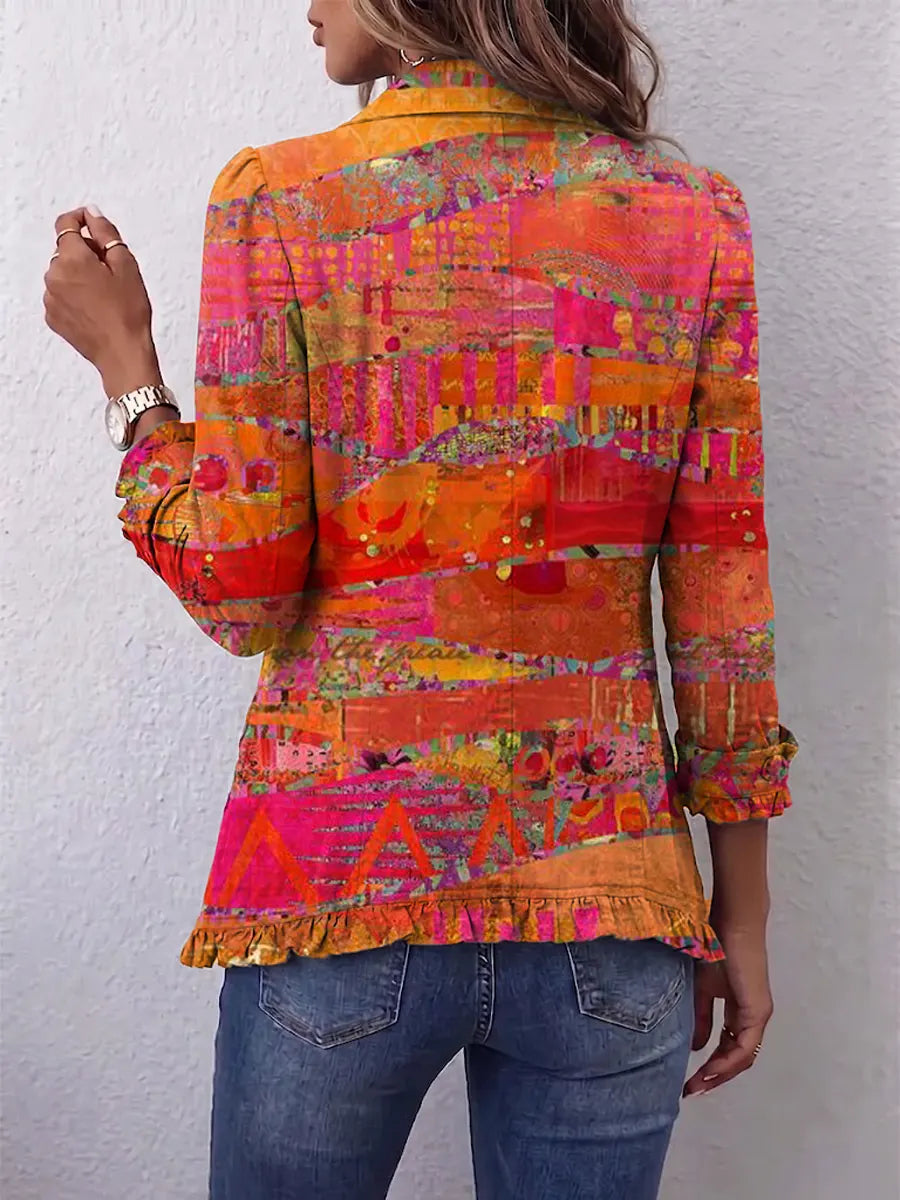 Retro Patchwork Art Pattern Print Ruffle Casual Stylish Cotton Lapel Coat