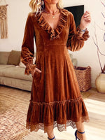 Vintage Elegant Lace-trimmed Lantern Sleeve Ruffled V-neck Velvet Dress