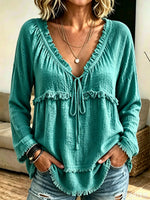 Boho Fringe Tassel Tie V‑Neck Long Sleeve Blouse, Women Loose Crinkle Textured Top