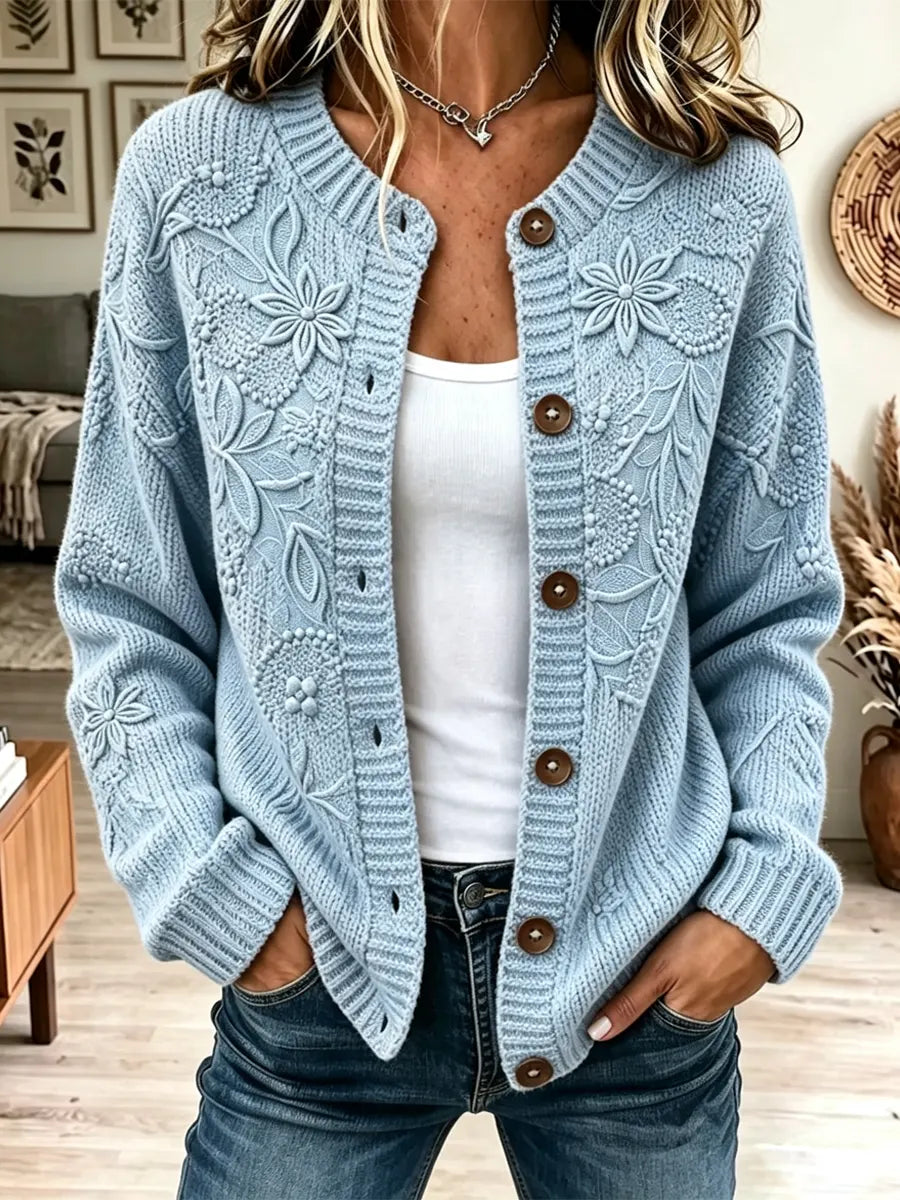 Retro Floral Pattern Art Casual Stylish Long Sleeve Knitted Cardigan Sweater