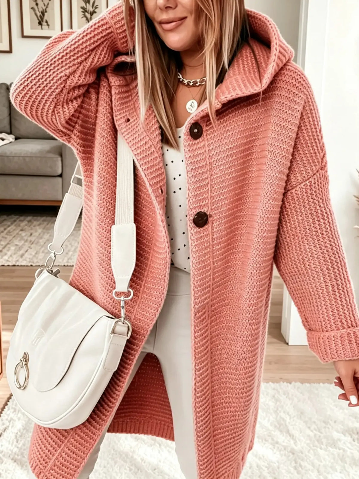 Women's Hooded Knit Button-Down Midi Cardigan