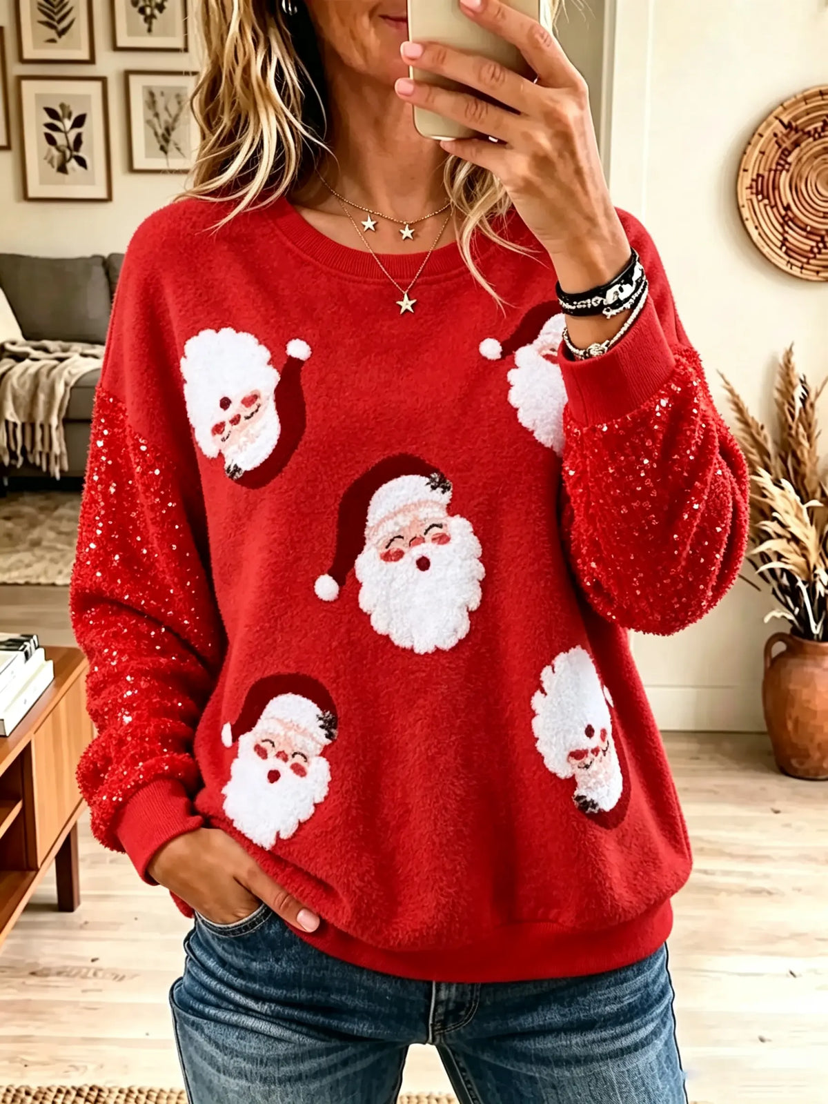 Women's Santa Applique Sequin Sleeve Christmas Sweatshirt