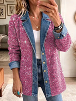Retro Chic Pink Shiny Art Casual Denim Patchwork Stylish Long Sleeve Coat