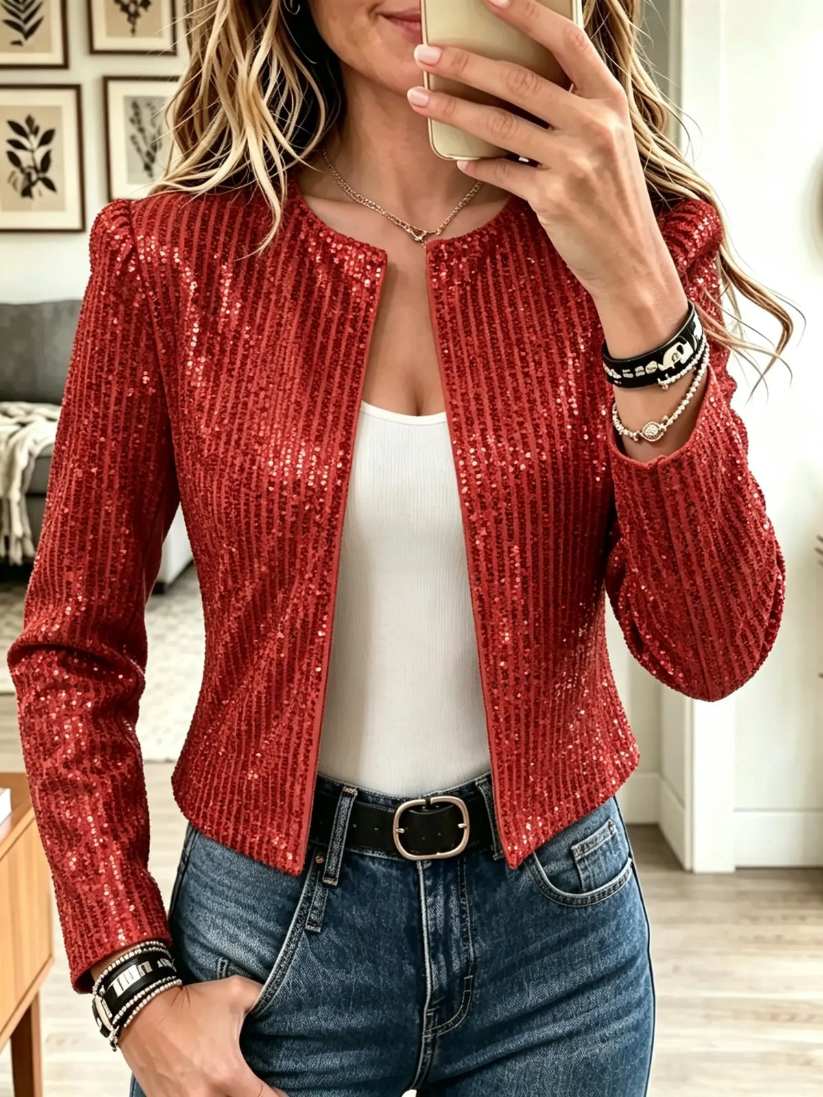 Women's Sequin Open-Front Cropped Blazer Jacket