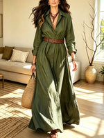 Retro Solid Color Art Casual Stylish Lapel Long Sleeve Maxi Dress