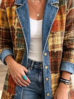 Retro Plaid Pattern Art Casual Denim Patchwork Stylish Long Sleeve Coat