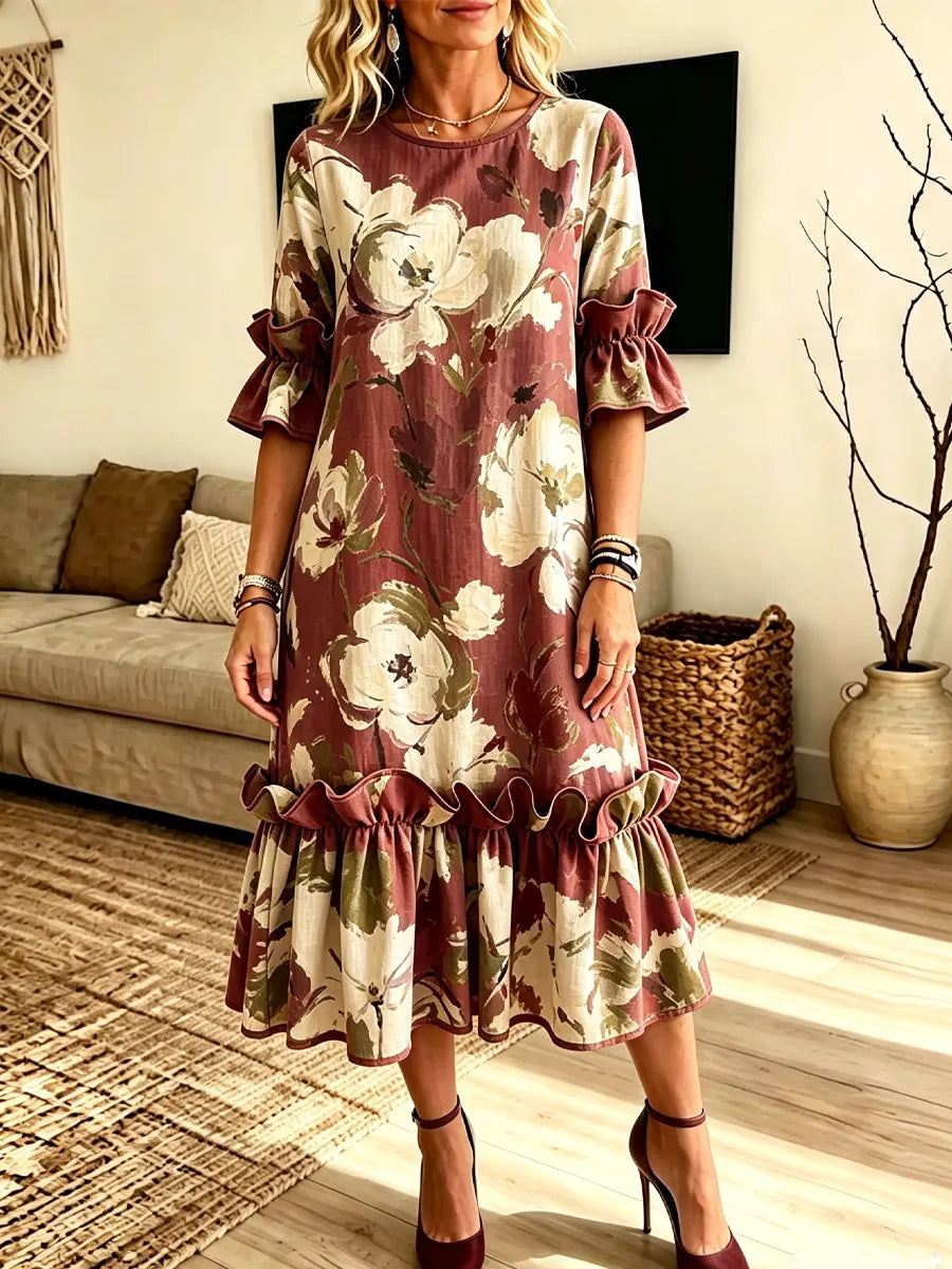 Retro Floral Pattern Art Print Casual Ruffle Stylish Cotton Linen Dress