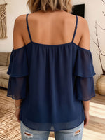 Women Spaghetti Strap Cold Shoulder Blouse Double Layer Flare Sleeve Chiffon Top