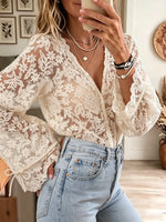 Women's Floral Lace V-Neck Bell Sleeve Blouse