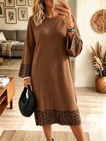 Women's Leopard Contrast Hem Ribbed Knit Midi Dress