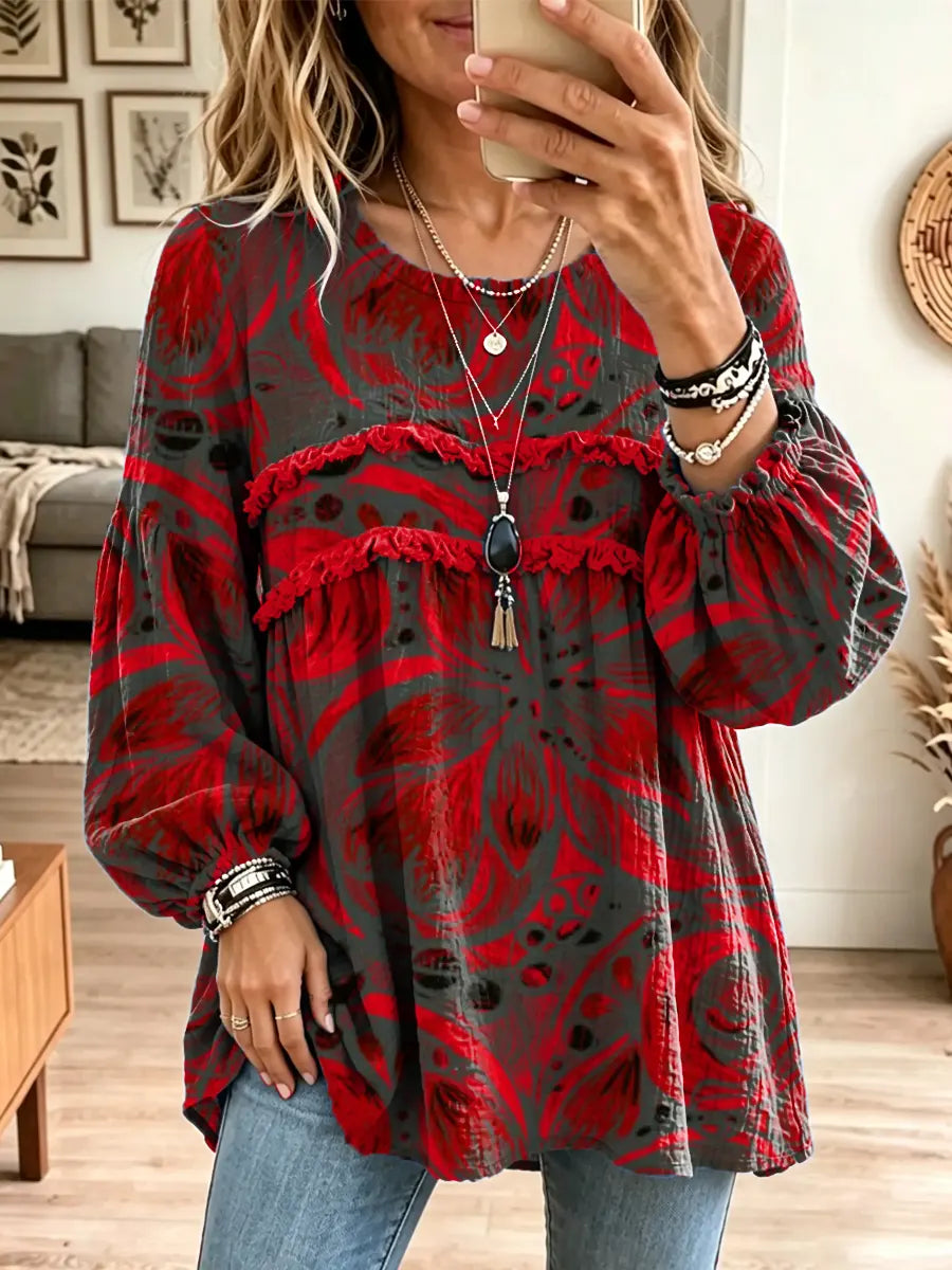 Retro Floral Pattern Art Print Casual Stylish Long Sleeve Cotton Linen Shirt