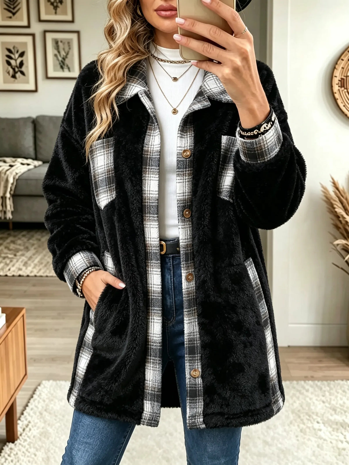 Women's Plaid Panel Sherpa Fleece Jacket