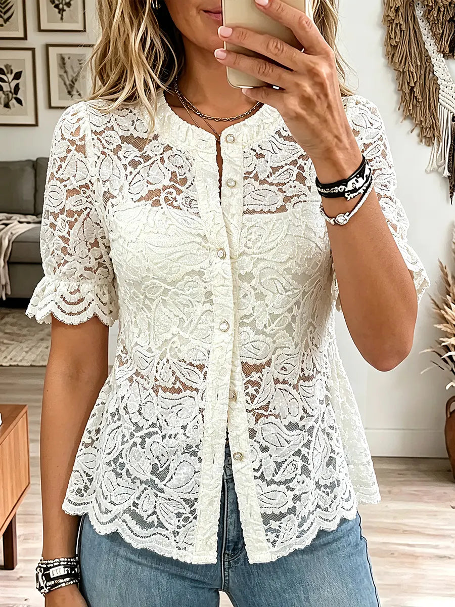Vintage Elegant Openwork Lace Buttons Shirt