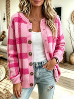 Vintage Chic Plaid Pattern Knit Art Casual Stylish Long Sleeve Cardigan Sweater