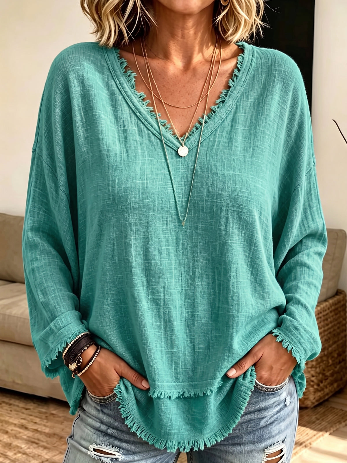 Women Frayed Edge V‑Neck Long Sleeve Top, Loose Textured Casual Blouse