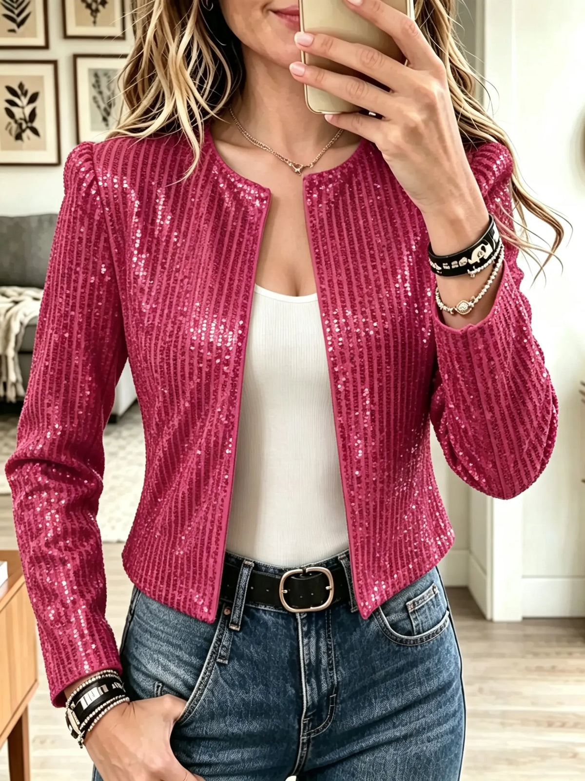 Women's Sequin Open-Front Cropped Blazer Jacket