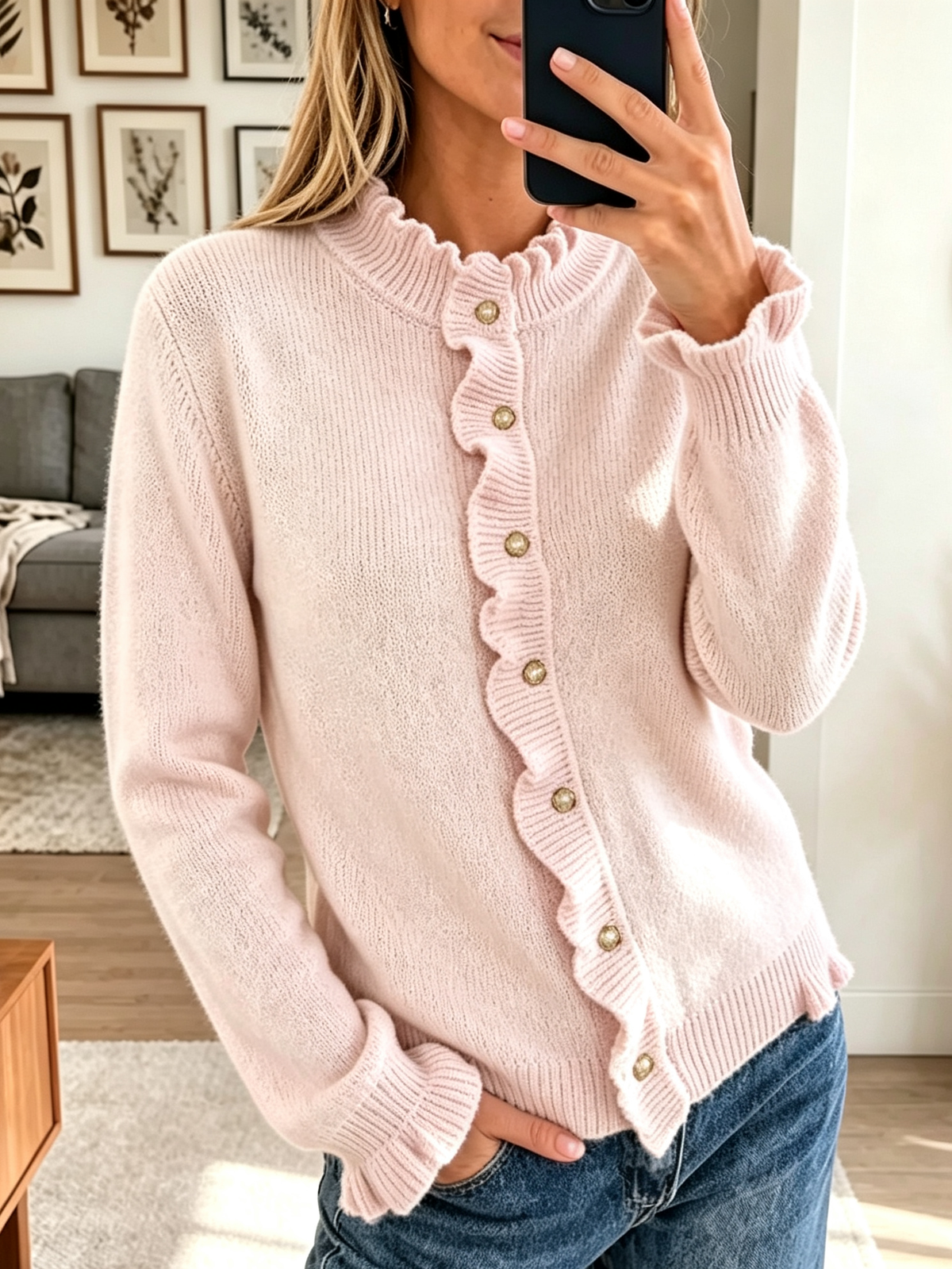 Women's Scalloped Ruffle Trim Knit Cardigan