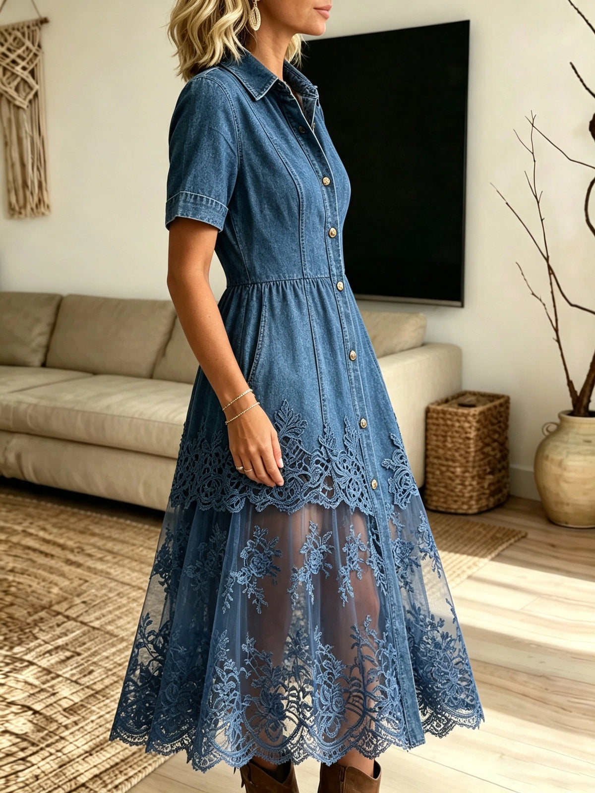 Women's Sheer Lace Patchwork Denim Midi Dress