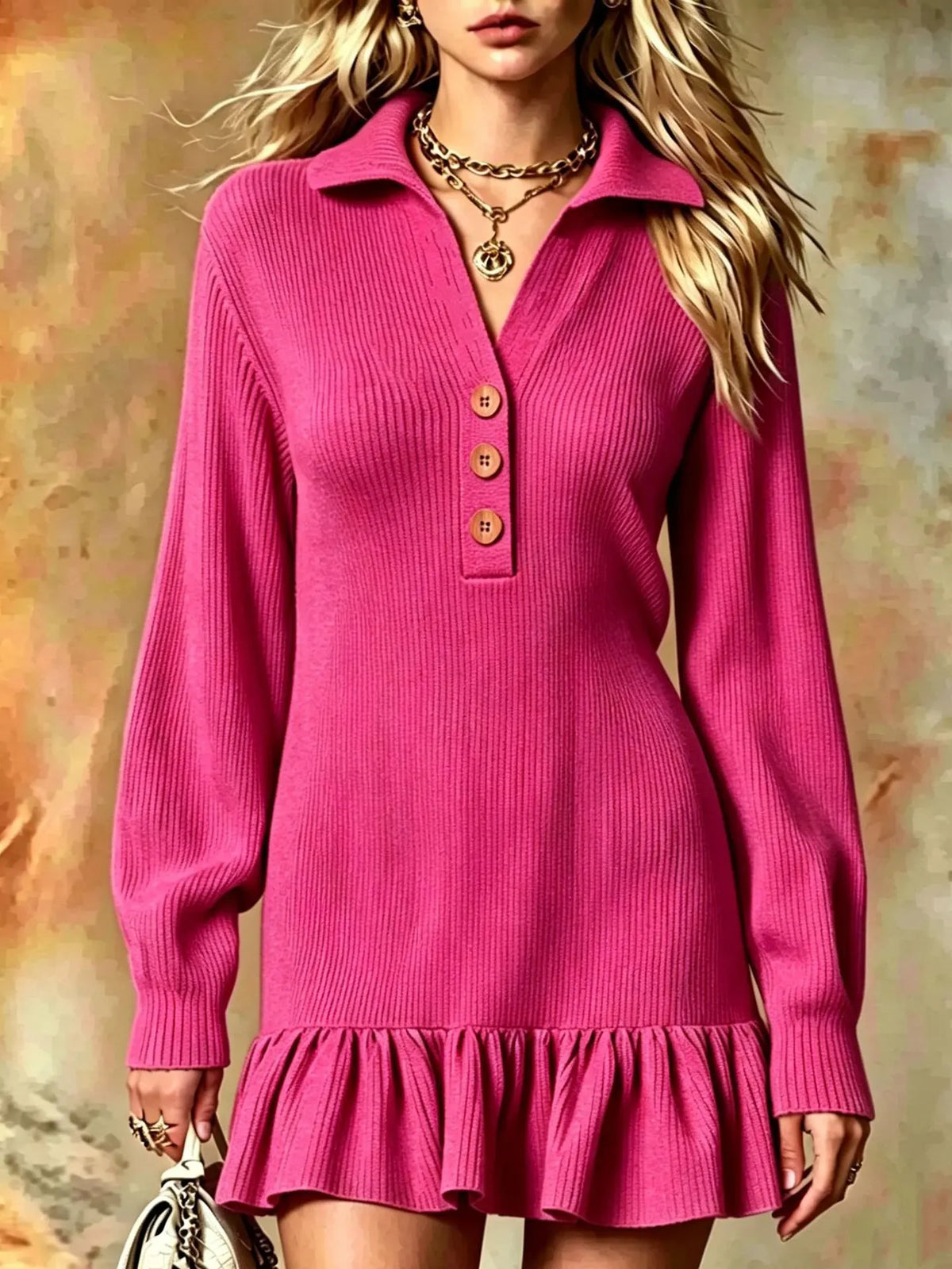 Women's Polo Collar Ruffle Hem Ribbed Sweater Dress