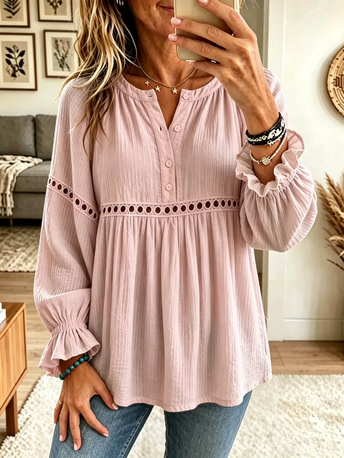 Women's Eyelet Lace Trim Babydoll Tunic Blouse