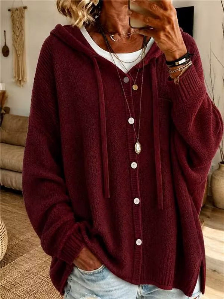 Drawstring Hooded Button Knit Cardigan Women Loose Long Sleeve Sweater