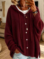 Drawstring Hooded Button Knit Cardigan Women Loose Long Sleeve Sweater