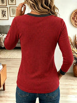 Women's Contrast Trim Button Henley Waffle Knit Top