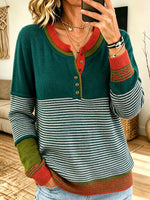 Women Color Block Stripe Henley Neck Long Sleeve Knit Sweater