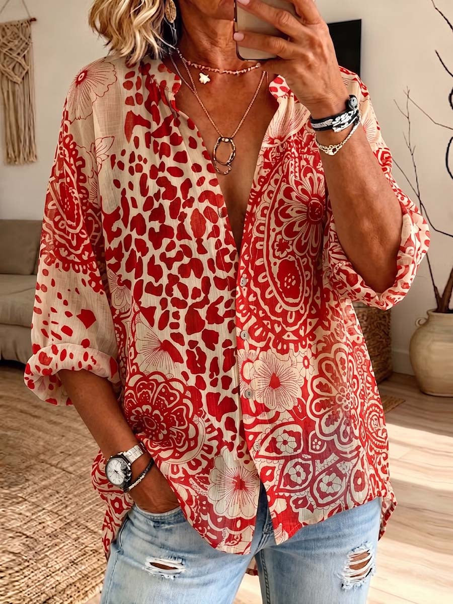 Vintage Elegant Button Long Sleeve Patterned Shirt