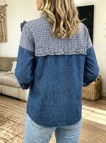Women Denim Gingham Spliced 3D Ruffle Floral Button‑Down Shirt